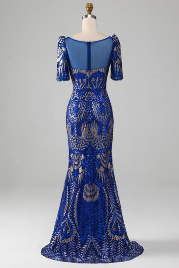 Sirène Robe de Soirée scintillante bleu royal à manches courtes